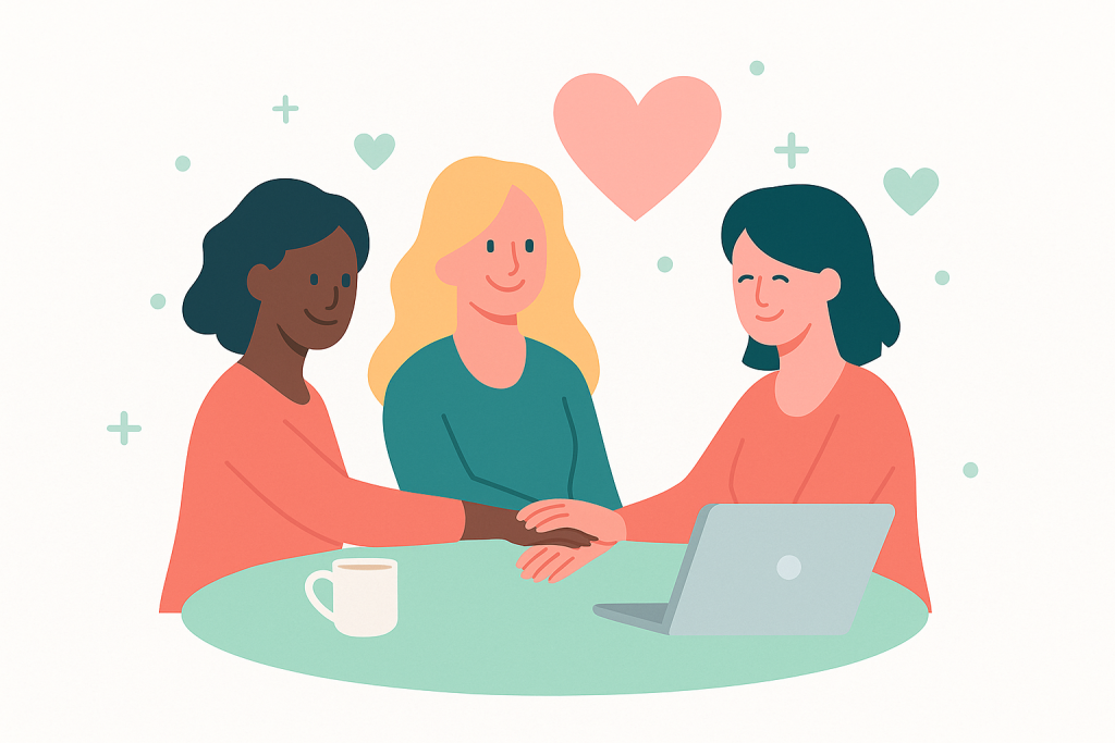 Drei lächelnde Frauen, die am Tisch sitzen und Zusammenhalt symbolisieren, mit ihren Händen. Abonnement